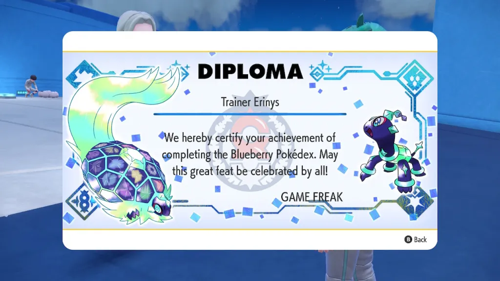 A screen capture of my Blueberry Pokédex diploma