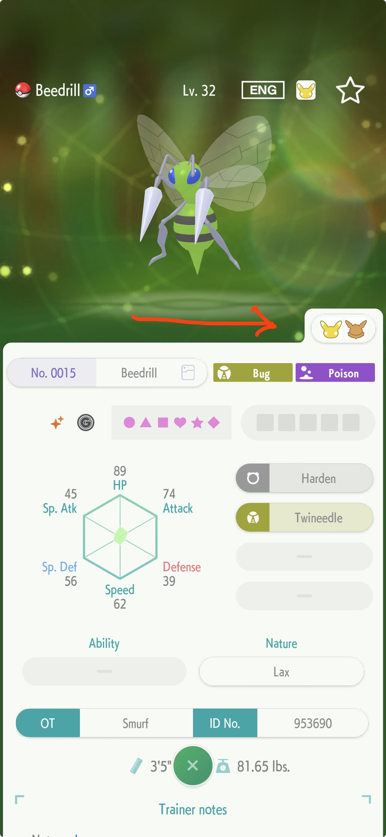 A screen capture of a shiny Beedrill with Let's Go stamp