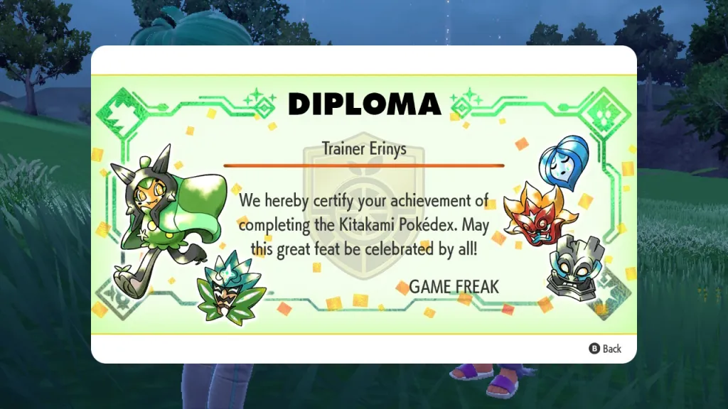 A screen capture of my Pokémon Scarlet Kitakami diploma