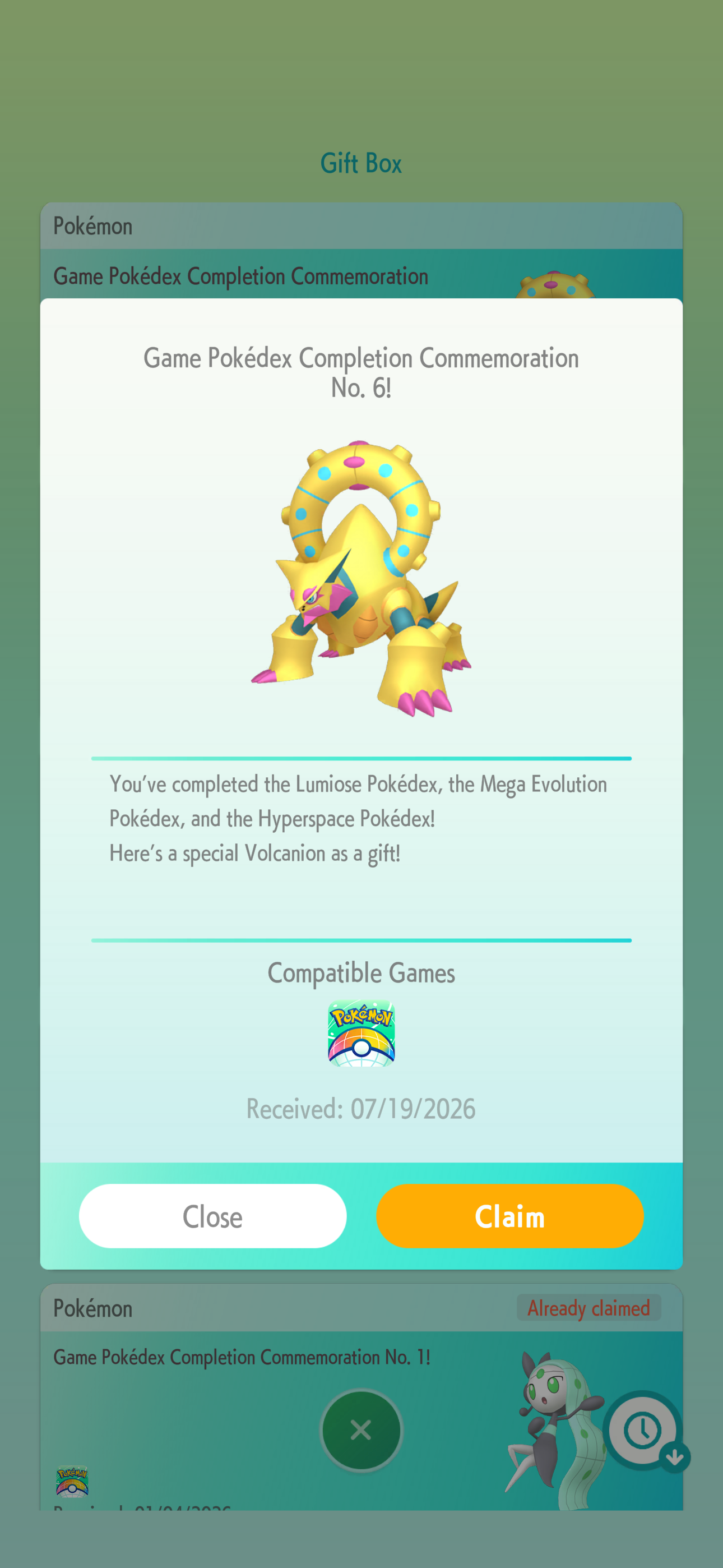 A screen capture of my shiny Volcanion reward